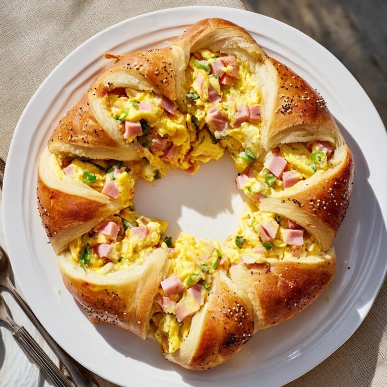 A close-up view of the Wreath-Shaped Egg and Ham Bake, perfect for sharing at a festive brunch gathering.