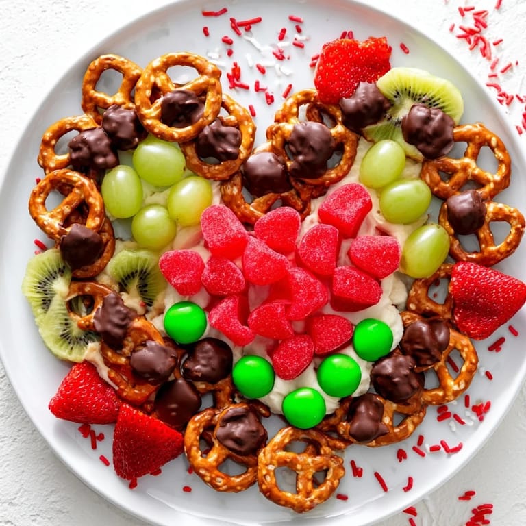 A sweet and savory Grinch's Heart Pretzel Board with colorful fruits, perfect for holiday snacking.