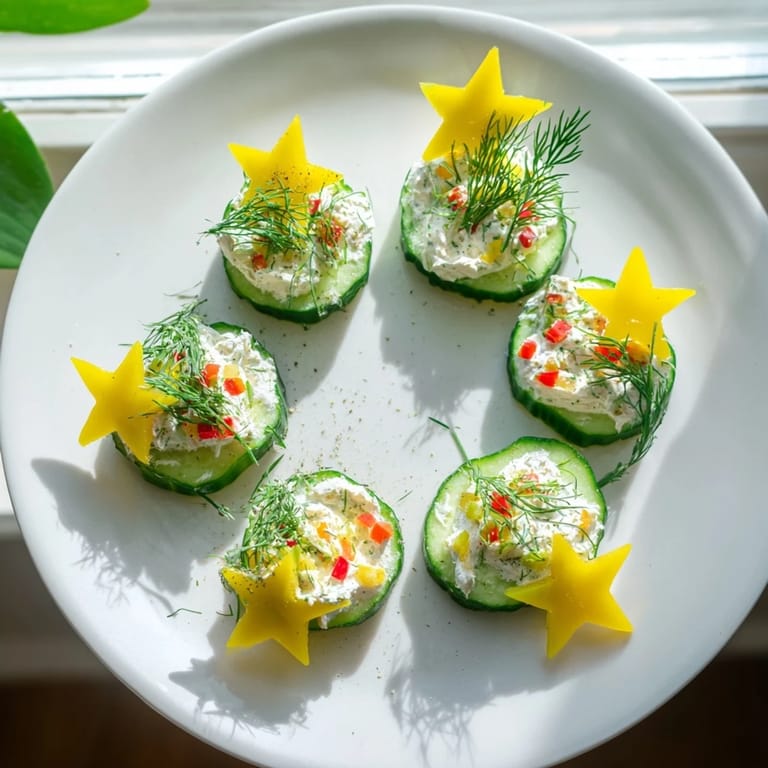 Refreshing Holiday Star Cucumber Bites, garnished with bright peppers and perfect for a holiday appetizer tray.