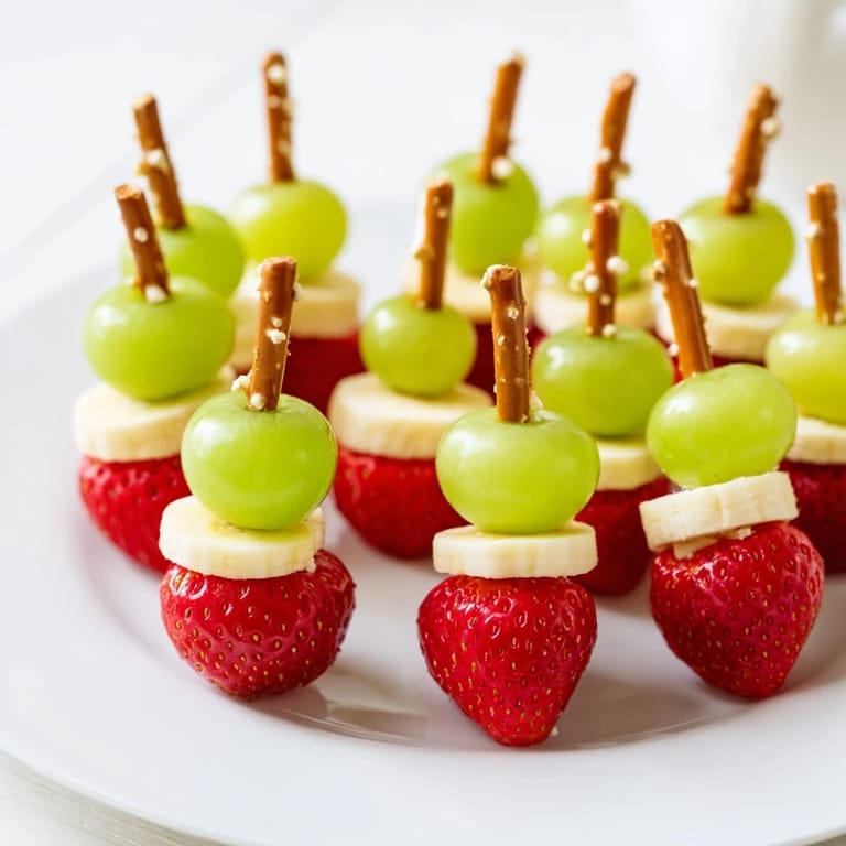 Delicious Elf Hat Strawberry Skewers showcase ripe strawberries on banana hats, a delightful and easy kid-friendly recipe.