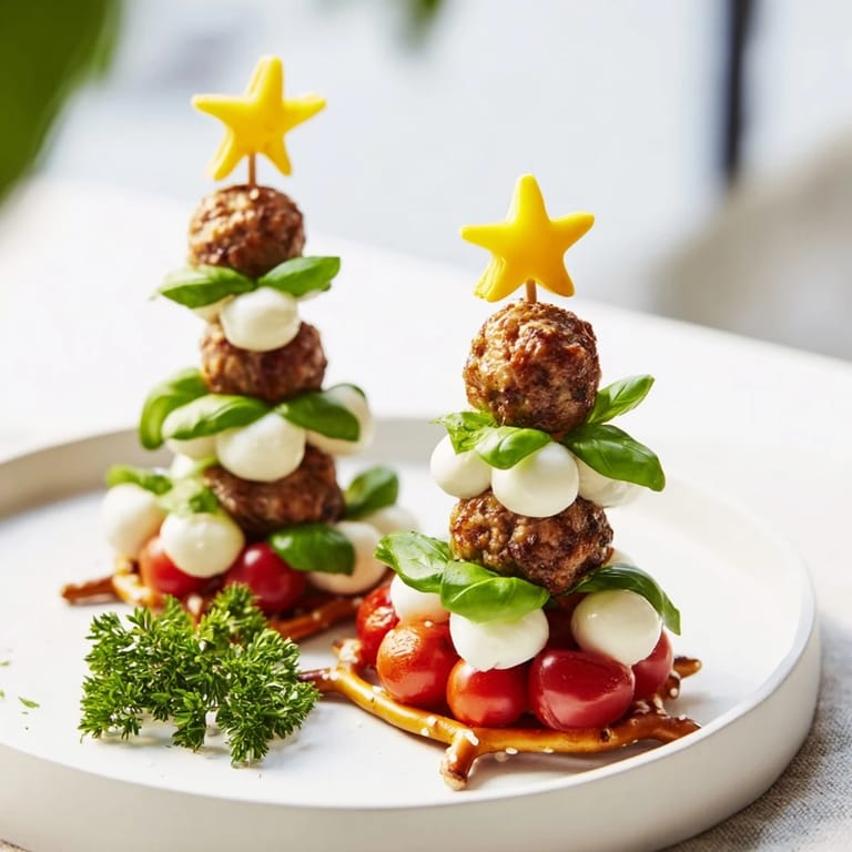 Bright red cherry tomatoes and yellow pepper stars top these festive mini meatball Christmas Trees, so fun to eat.