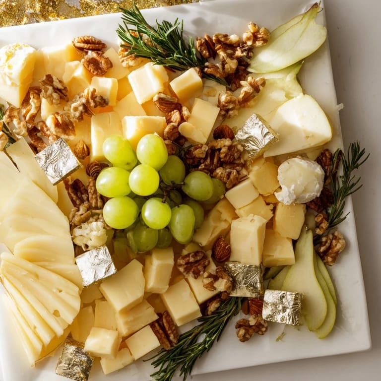 Elegant party appetizer: assorted gold and silver cheeses, grapes, and nuts for this stunning Gold and Silver Cheese Cube Board.