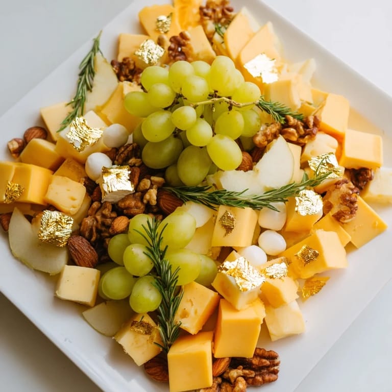 A festive Gold and Silver Cheese Cube Board arrangement: creamy goat cheese balls with fresh rosemary sprigs and crackers.