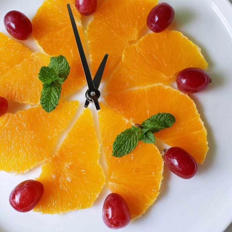 A visually appealing arrangement: the Grape and Orange Slice Clock Face brunch fruit platter made easy.