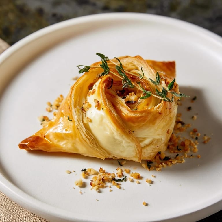 A close-up shot of a cheesy Baked Brie, the pastry golden, with a delicious fig jam center.