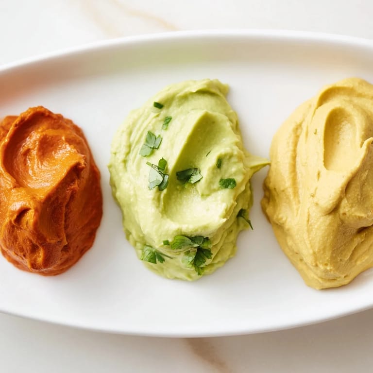 Three vibrant dips, including a turmeric hummus, on display, making up this flavorful Dip Trio.