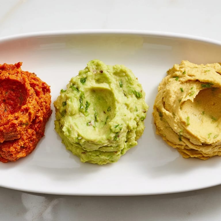 Freshly made Dip Trio; creamy avocado, roasted red pepper, and golden turmeric hummus perfect for serving.