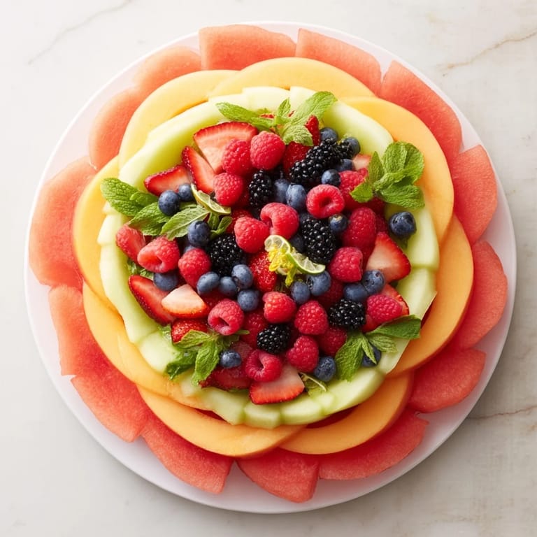 Bright rings of melon and berries create a visually stunning Fruit Platter, ready to eat in minutes.