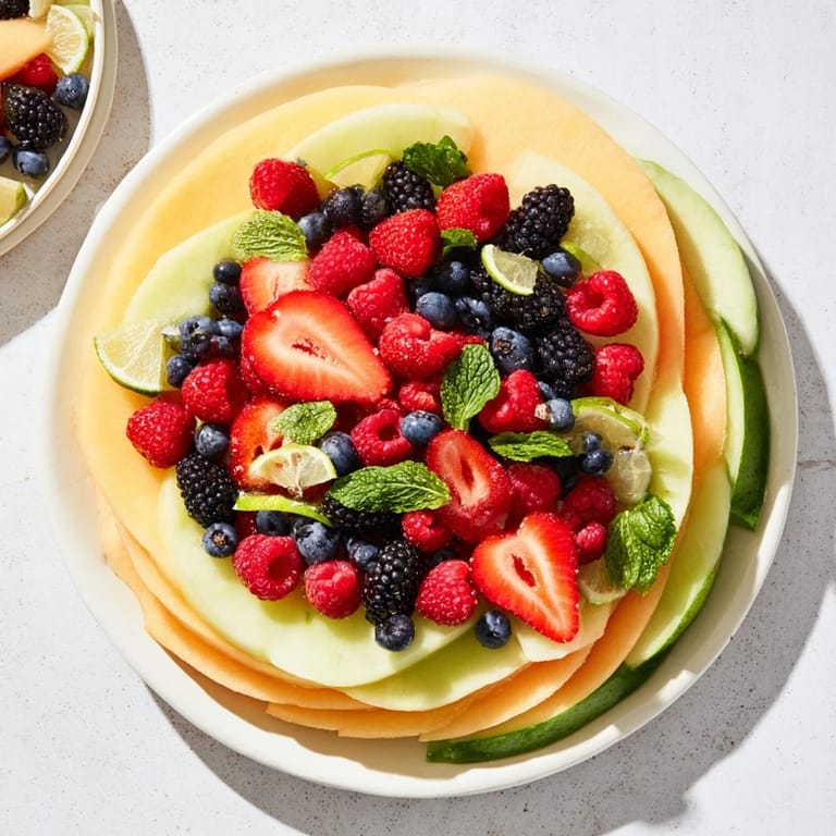 This refreshing Fruit Platter features concentric circles of juicy melons and mixed berries, perfect for sharing.