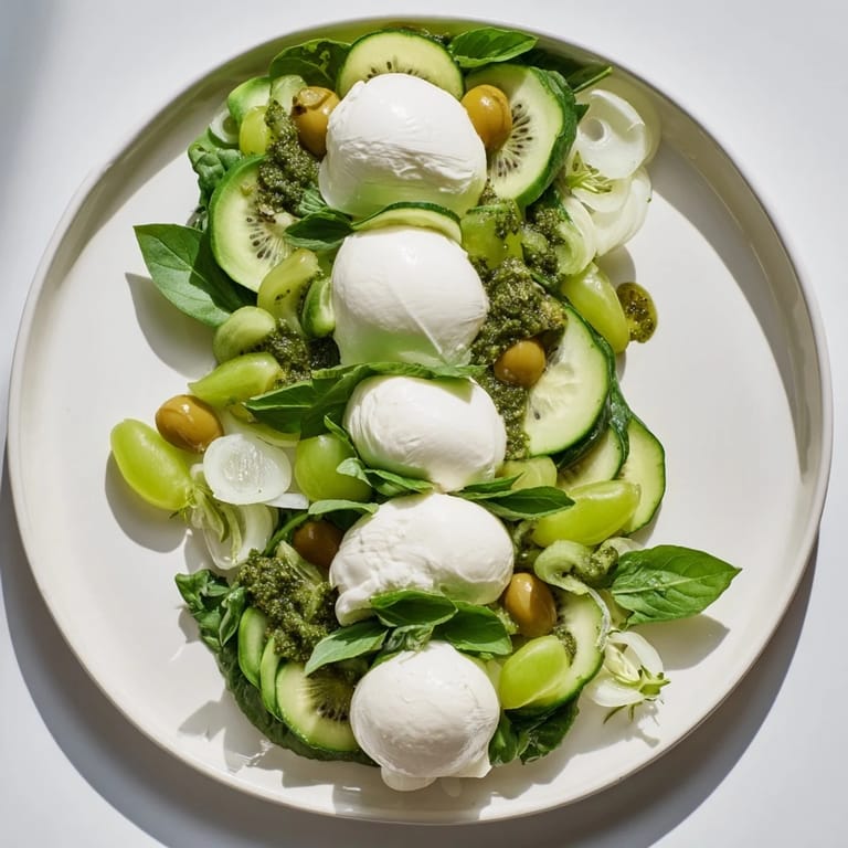 This vibrant Emerald Isle Greenscape salad features fresh spinach, arugula, and a beautiful mozzarella river across greens.