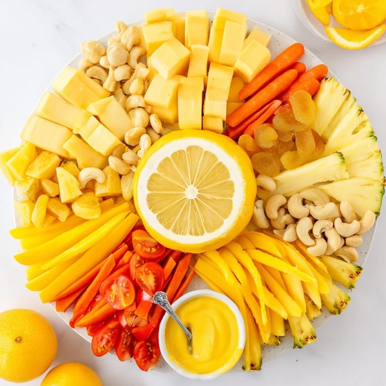 A visually stunning spread showcasing a 57, Sunny Yellow Citrus Burst, with bright, colorful fruit and cheese details.