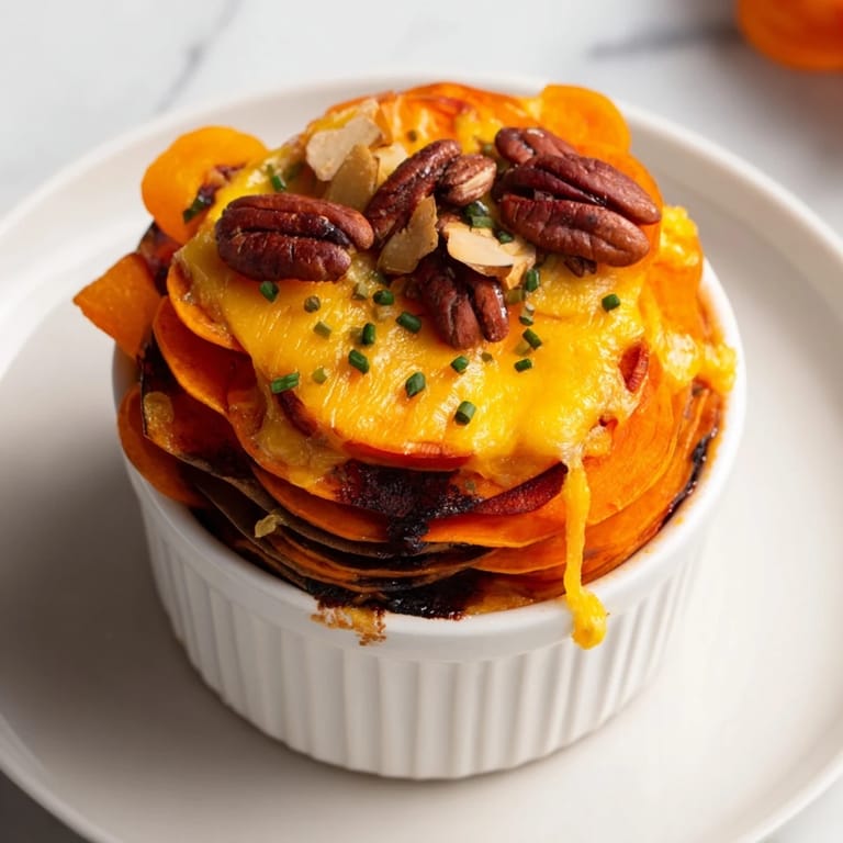 Savory baked Copper Penny Warmth with sweet potatoes, apricots, and golden cheddar, ready to serve.