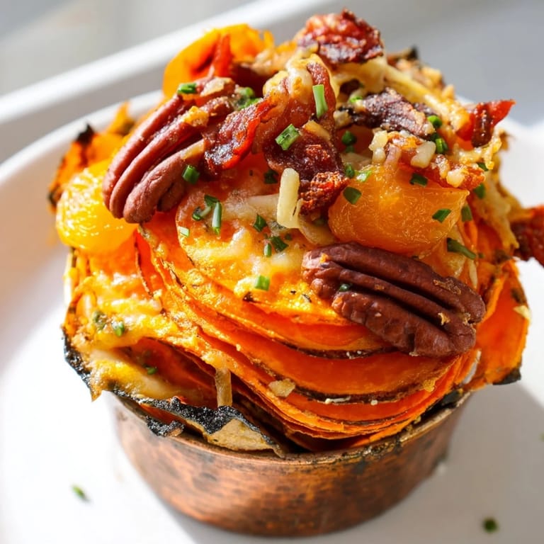 Warm and inviting Copper Penny Warmth, a vegetarian dish featuring roasted veggies and aged cheddar cheese.