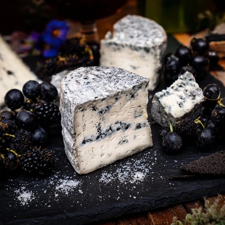 Delicious Monochrome Gray Stone Cheese Board featuring cheeses, black fruits, and crackers arranged on slate.
