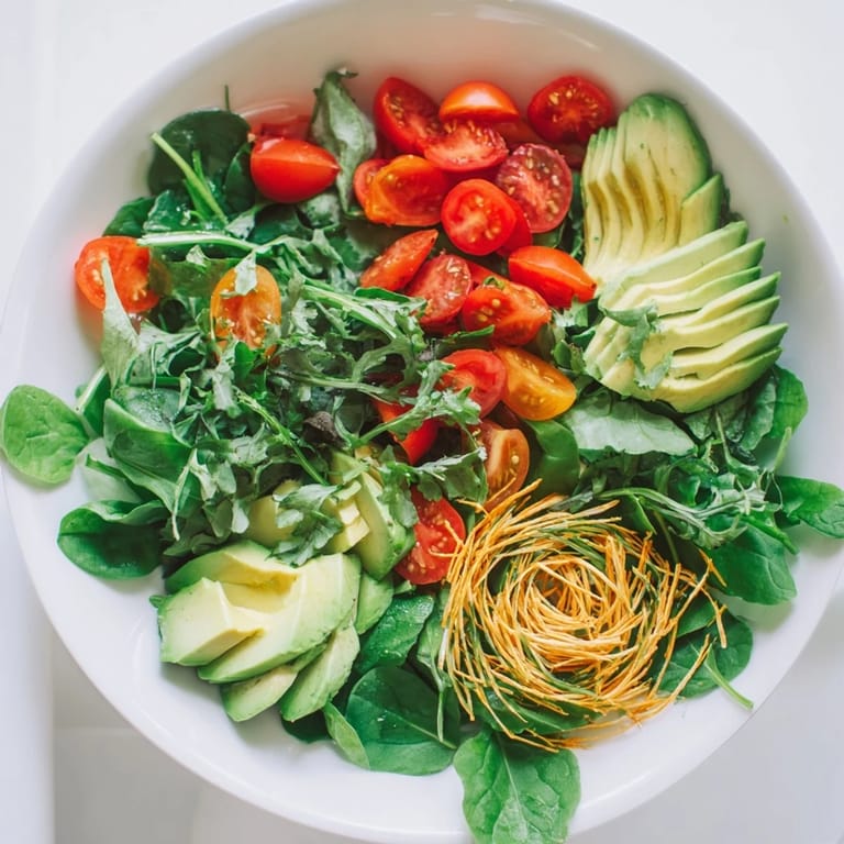 Fresh, artfully arranged Golden Ratio Salad with a striking visual appeal and a sprinkle of pine nuts.
