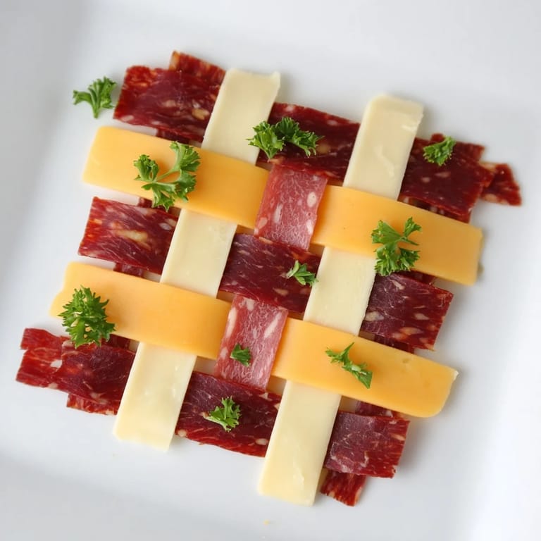 Beautiful, close-up view of The Tartan Plaid, a savory appetizer with layered jerky and cheese.