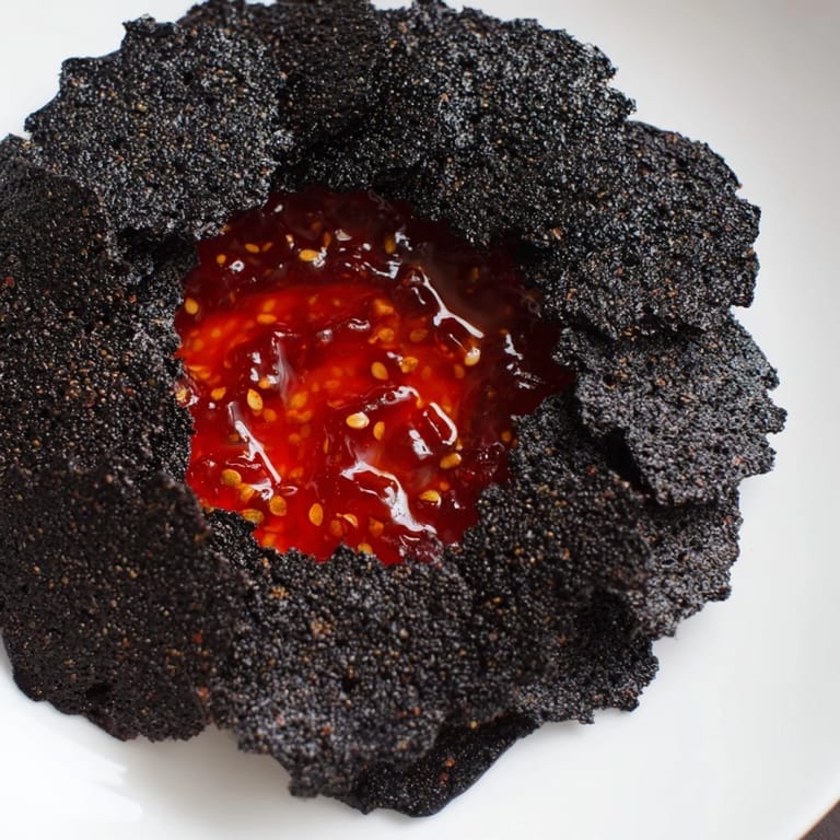 Sharing The Volcanic Flow appetizer featuring a spicy, lava-like red jelly dip with black crackers.