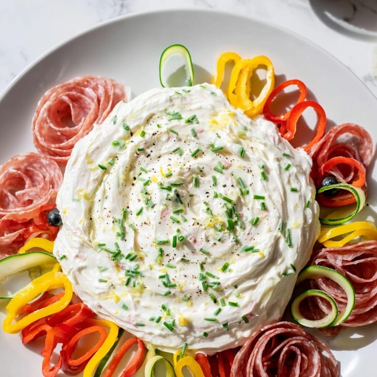 The creamy head of the Medusa Curls dip is surrounded by spiral-cut meats and peppers ready to eat.