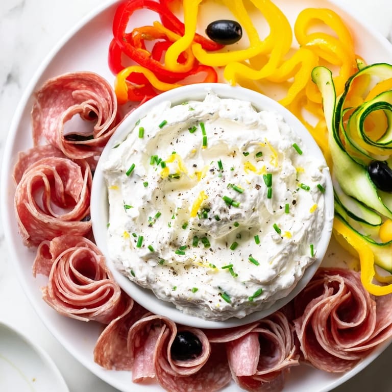 Beautiful arrangement of the Medusa Curls appetizer with prosciutto and salami curls around the dip.