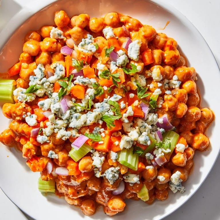 Close-up of a flavorful Buffalo Chicken Bean Salad, perfect for a quick and easy vegetarian lunch.