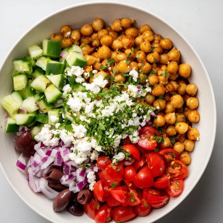 Fresh, vibrant Mediterranean Chickpea and Feta Bowl ready to eat, with Kalamata olives and parsley.