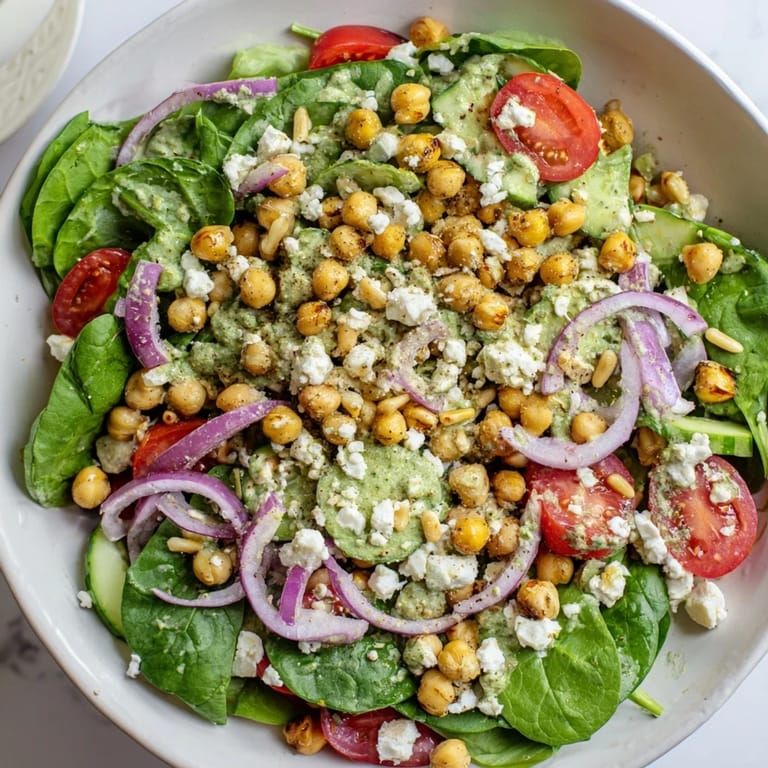 A colorful bowl of Pesto Chickpea and Spinach Salad, featuring juicy tomatoes and crunchy cucumbers.