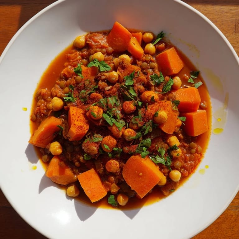 Warm, comforting Middle Eastern lentil and chickpea stew, perfect for a flavorful and healthy dinner.