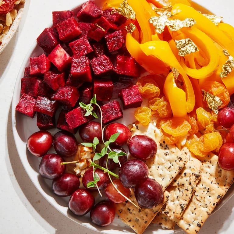 Freshly assembled Crimson & Gold Gala appetizer: offering a visually stunning array of rich fruit and cheese.