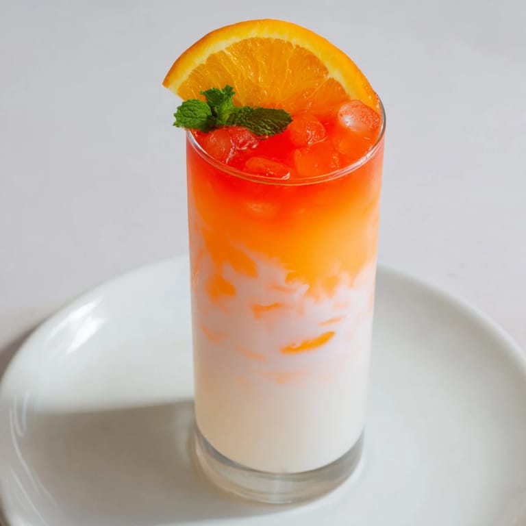 Layered Alpine Sunrise non-alcoholic cocktail, a visually stunning drink with sunrise colors and fresh mint.