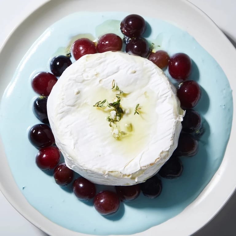 A decadent Floating Island appetizer: soft cheese wheel surrounded by blue yogurt “sea,” perfectly garnished.