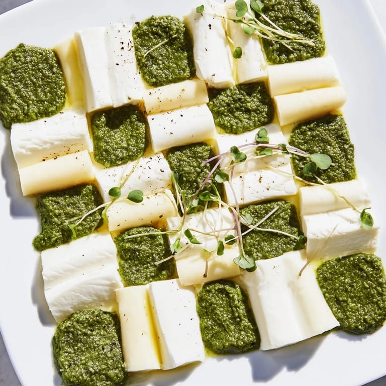 Freshly made Checkerboard Garden appetizer, a vegetarian delight, with alternating squares and delicate garnishes.