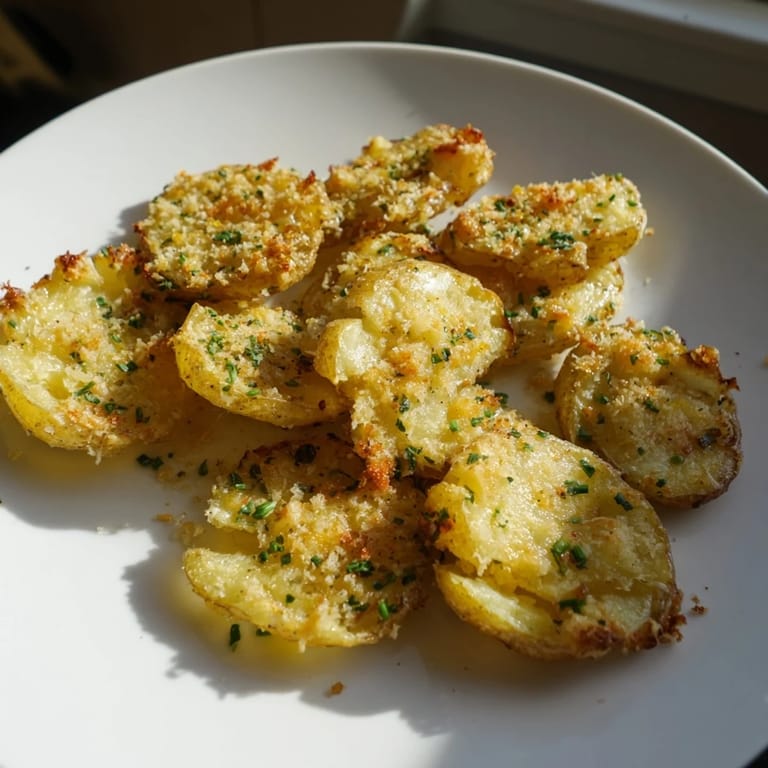 Delicious, bubbly Parmesan smashed potatoes, a flavorful side dish with fresh parsley and chives.