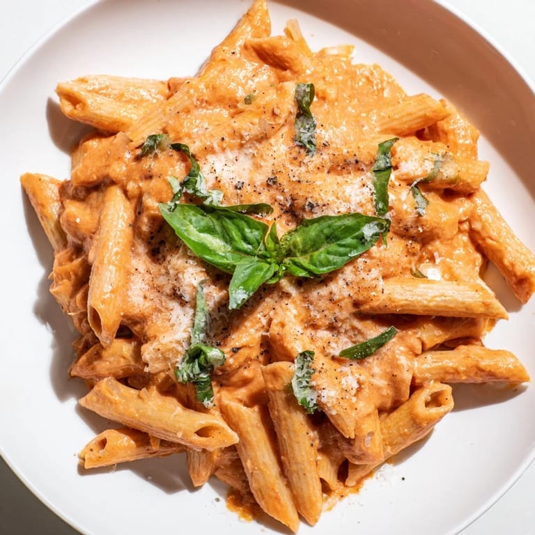 A warm bowl of one-pot creamy tomato pasta, garnished with fresh basil leaves, ready to be served.