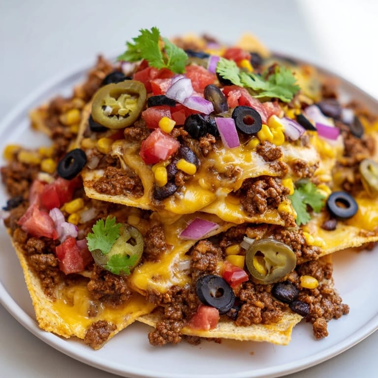 A delicious tray of Easy Sheet-Pan Nachos, featuring crispy chips, seasoned beef, and cool toppings.