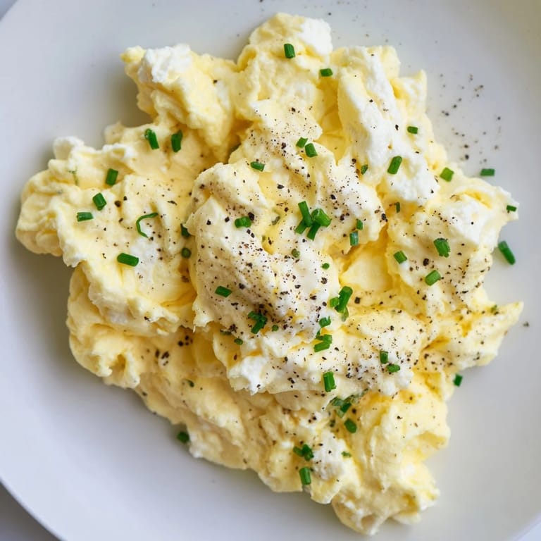 Golden-yellow Cottage Cheese Scrambled Eggs, a high-protein breakfast bursting with flavor.