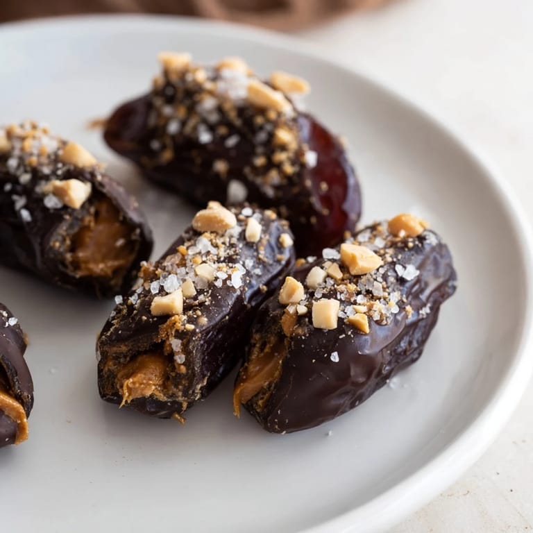 Close-up of freshly made Chocolate Date Snickers, showcasing the creamy peanut butter and crunchy peanuts.