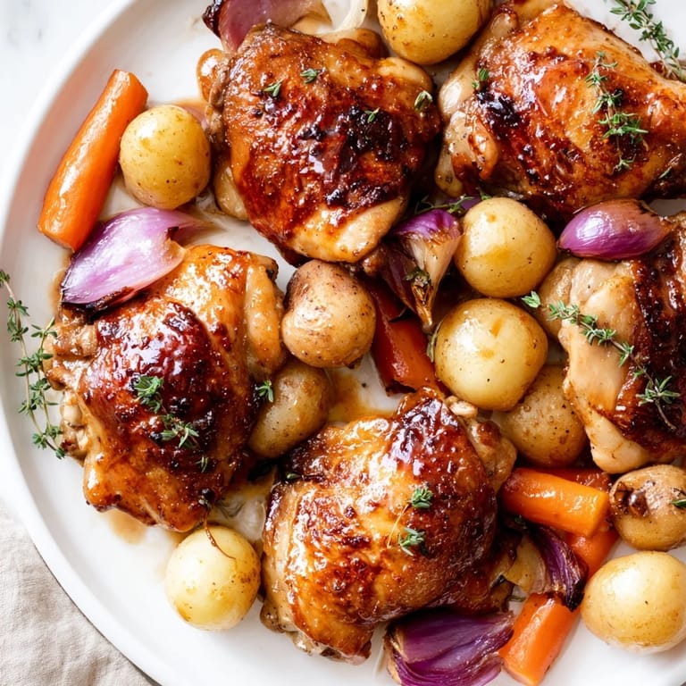 Sheet pan dinner of flavorful Maple Dijon Chicken Thighs: a colorful and easy weeknight meal ready to enjoy.