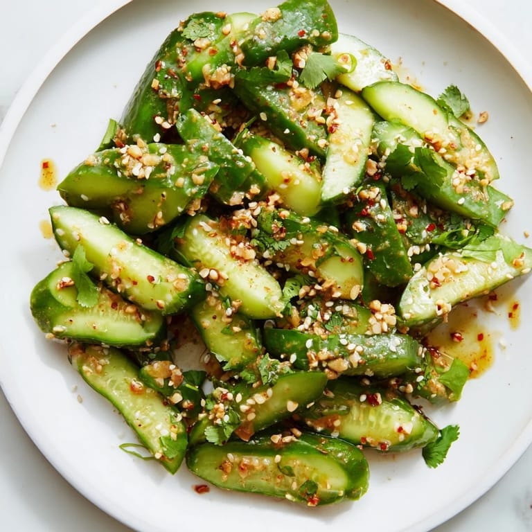 Close-up of the Zesty Cucumber Salad, showcasing crunchy cucumber slices in a tangy sauce, Asian-inspired.