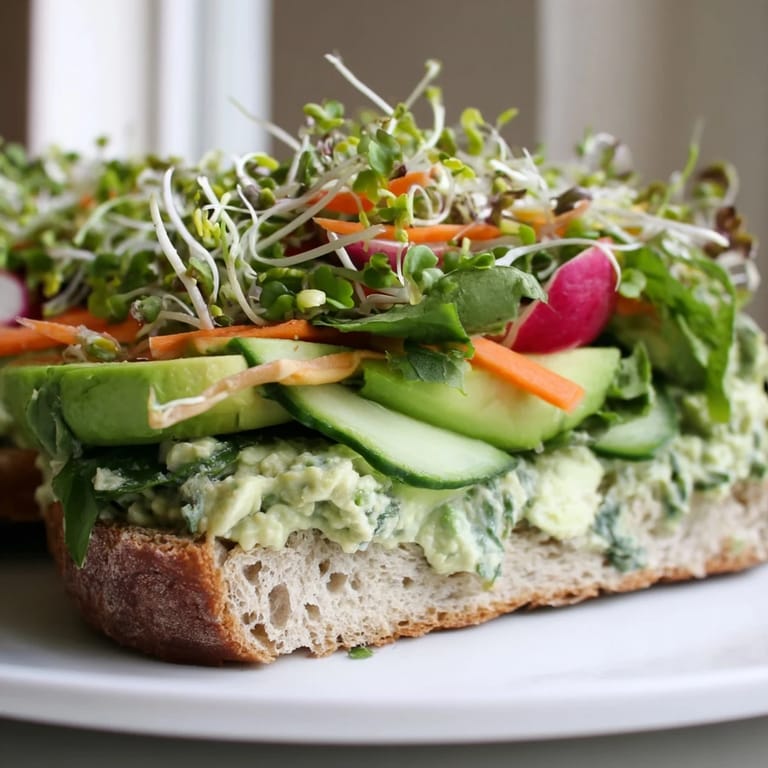 Delicious Green Goddess Sandwich, featuring creamy green spread and colorful fresh vegetable layers, ready to eat.