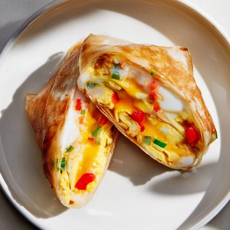 Enjoy a quick and easy breakfast: a crispy Rice Paper Egg Cheese Wrap, served hot with melted cheese.