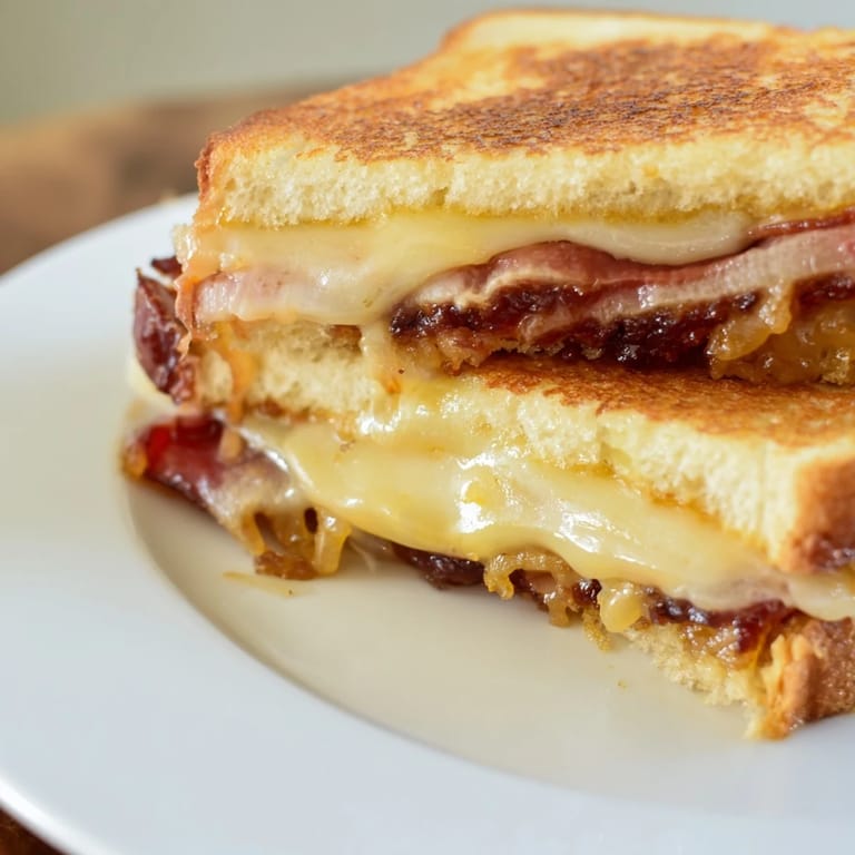 Smoky bacon jam oozing from a perfectly grilled Bacon Jam Grilled Cheese sandwich, a delicious meal.