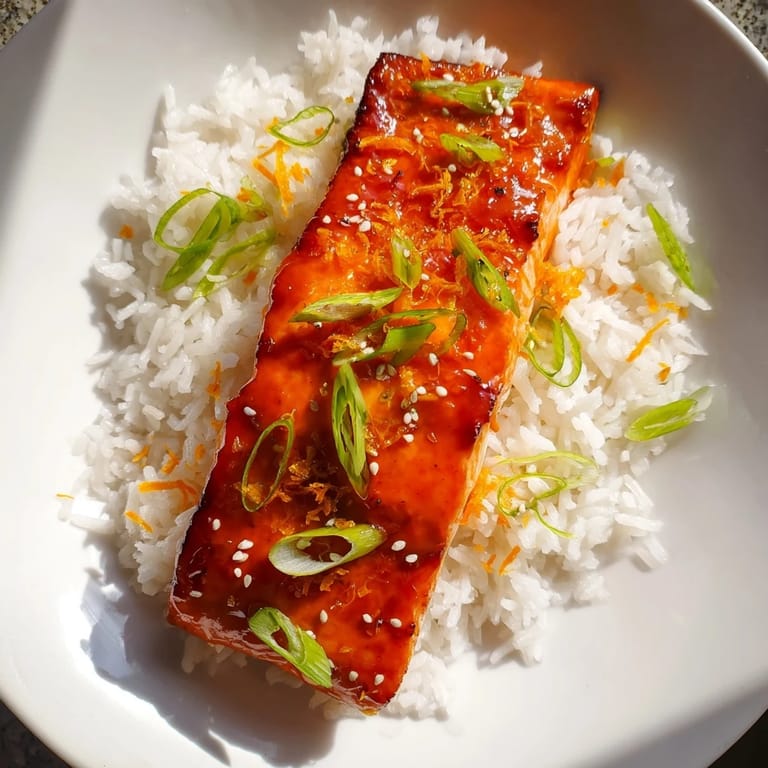 Tender, flaky Sticky Orange Salmon, with a vibrant orange sauce, served atop hot, steamed jasmine rice.