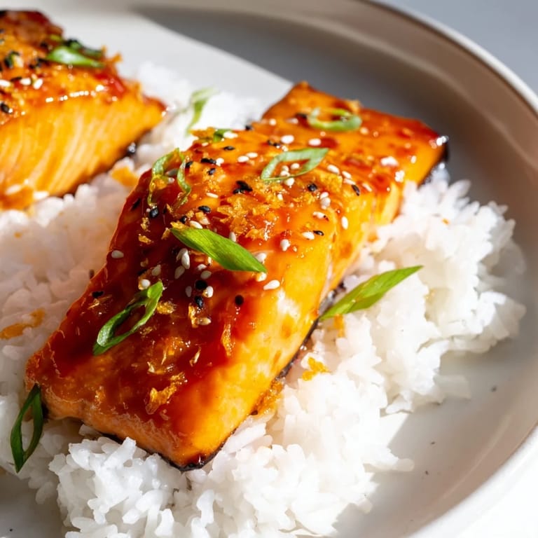 Mouthwatering, caramelized Sticky Orange Salmon atop creamy rice, ready for a delicious, flavorful meal.