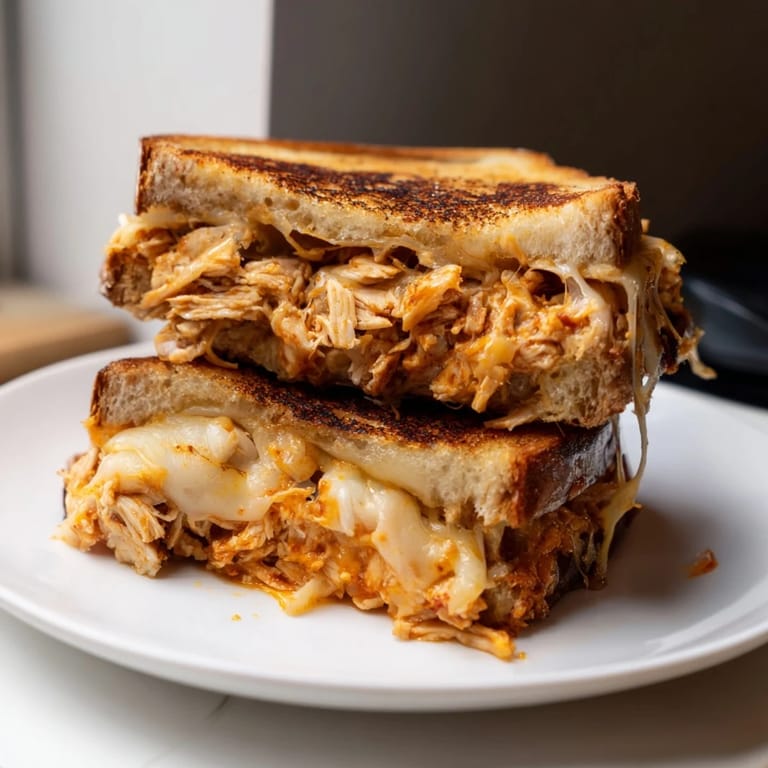 Mouthwatering close-up of a Chili Crisp Honey Chicken Grilled Cheese, golden, melty, and ready to eat.