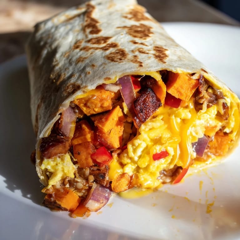 View the delicious filling of these breakfast burritos with sweet potatoes and scrambled eggs, ready to eat.
