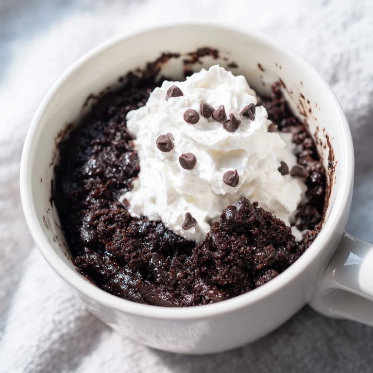 A close-up of a freshly made, chocolatey Oreo mug cake, perfect for a quick sweet treat.