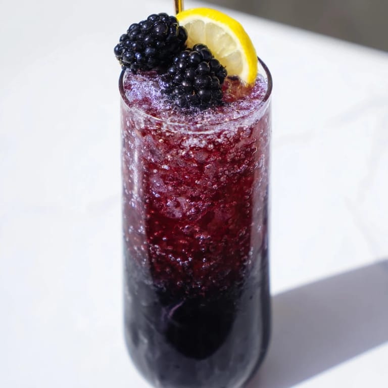 Layered Dark Matter Mocktail, a stunning dark beverage with fresh blackberries and lemon wheels for garnish appeal.