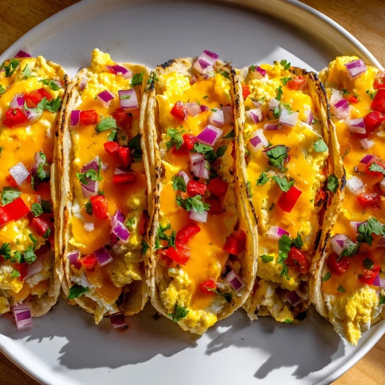 Freshly baked Sheet Pan Breakfast Tacos featuring fluffy eggs and colorful vegetables, perfect for brunch.
