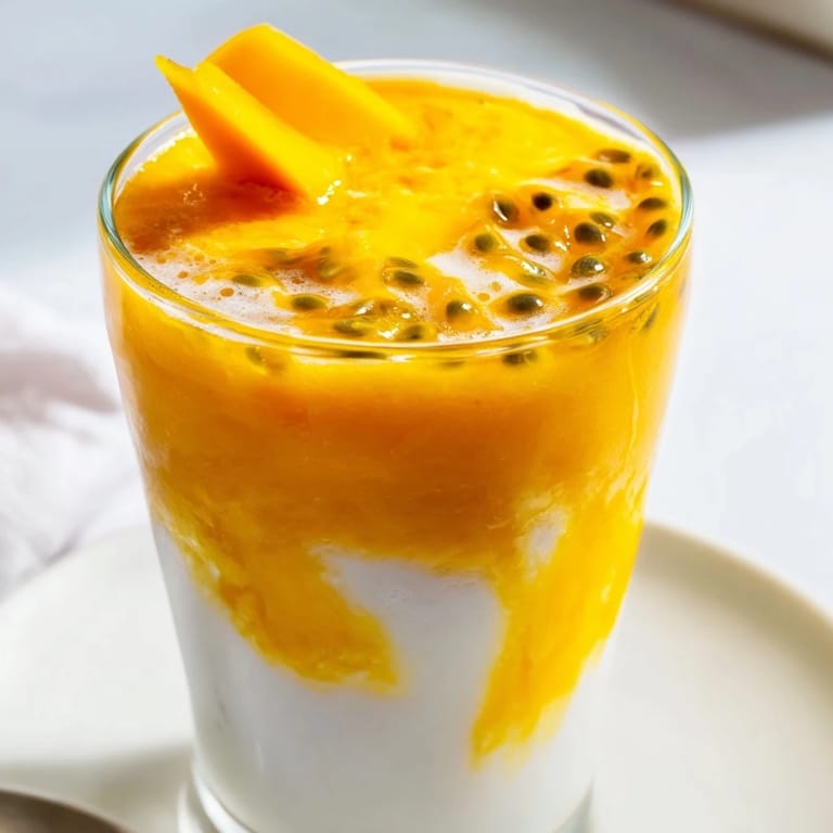 A beautifully layered Tropical Sunset Smoothie, offering a sweet tropical flavor—ideal for a refreshing, healthy treat.