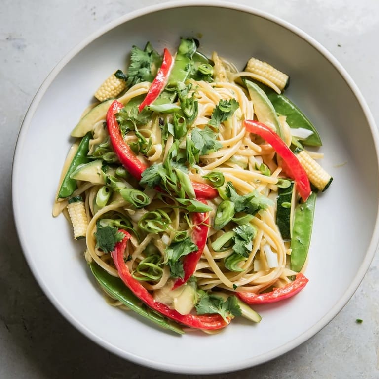 A close-up view of flavorful Thai Curry Pasta, a quick and easy weeknight dinner recipe to enjoy.